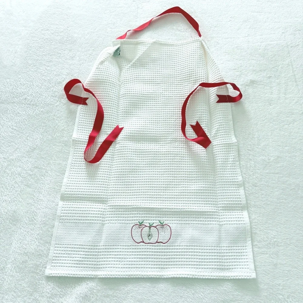 White Waffle Weave Bib‎ Apron Red Ties Embroidered Apple Fruit RN 75343 Turkey